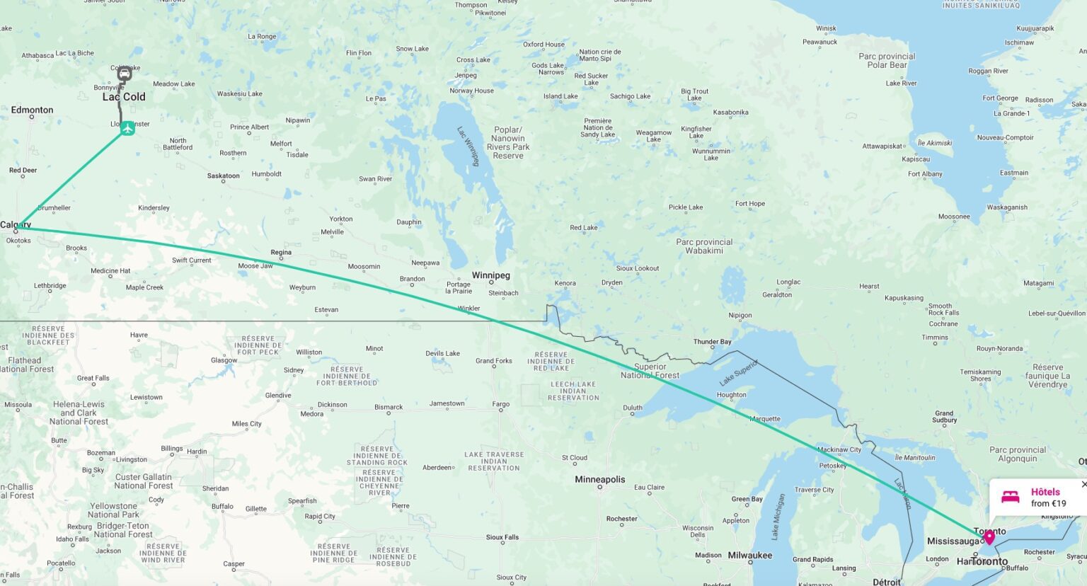 Carte du Canada montrant comment se rendre de Cold Lake à Toronto