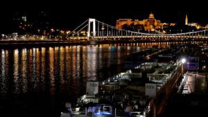 Le Danube à Budapest la nuit. Calme et scintillant
