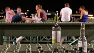 Une bouteille vide abandonnée par un groupe. Un autre groupe au second plan discute assis sur le pont de la Liberté